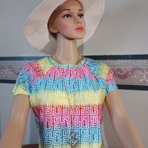 Love J geometric crop top. Yellow, blue, dark pink, purple and red. Size: XL